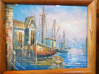 Signed Benglis,  Impressionist-style Oil Or Acrylic Painting Depicting Moored Fishing Boats