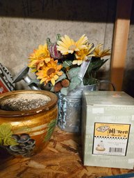A Festive Mix Of Sunflowers In A Farmhouse Galvanized Watering Can,  Round, Glazed Ceramic Or Terracotta Plant