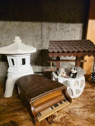 Well Figurine,  Stone Lantern Garden Decor, Wooden Miniature Grand Piano Music Box