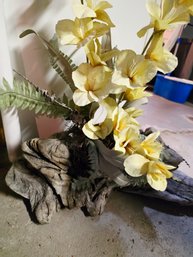 Large Faux Flower Arrangement On A Driftwood Wood Base