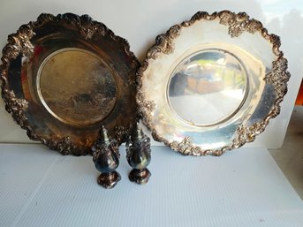 Baroque By Wallace Vintage Ornate Silver-plated 2 Serving Platters And Shakers