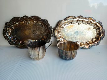 Silver Plate Two Scalloped Oval Trays,  A Small Creamer Pitcher, And A Sugar Bowl,