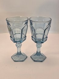 2 Vintage Light Blue Pressed Glass Goblets In The 'Virginia' Pattern