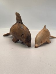 Two Vintage Hand-carved Wooden Dolphin Or Porpoise Figurines