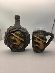 Vintage German Or Austrian Faux Tree Bark (Rindenschmid-style) Glass Decanter And Matching Mug