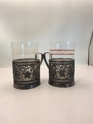 Pair Of Vintage Soviet-era Russian Silver-colored Metal Filigree Tea Glass Holders, Podstakanniks