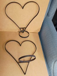 Pair Of Rustic, Heart-shaped Wrought Iron Wall Planters