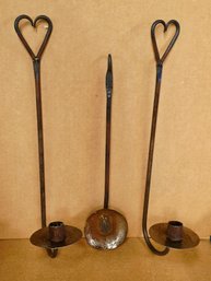Pair Of Primitive Rustic Hand-forged Wrought Iron Wall-mounted Taper Candle Holders (sconces)