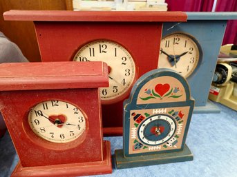 Collection Of Vintage, Hand-painted Wooden Country-style And Primitive Folk-art Mantel Clocks