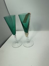 Pair Of Vintage Emerald Green Champagne Flutes