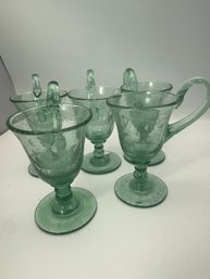 Set Of Vintage Hand Blown Green Glass Footed Handled Smaller Goblets, Custard Or Punch Cups