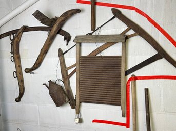 (33A) COLLECTION OF ANTIQUE TOOLS AND MORE- WASHBOARD, SAWS AND OTHER!