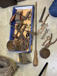 (36A) COLLECTION OF MANY ANTIQUE METAL ITEMS, HANDRILL, FILES, WRENCHES AND MORE!