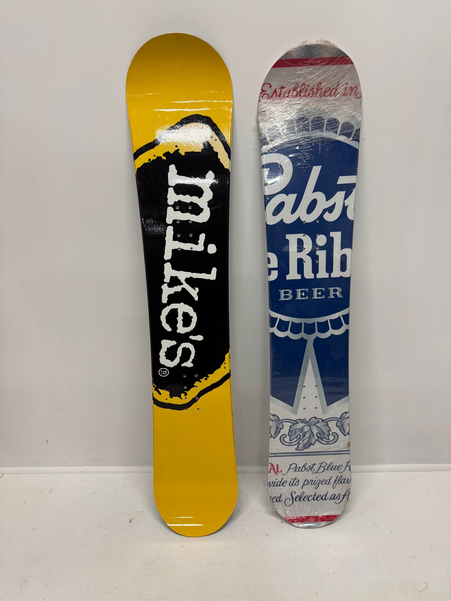 Pair Of Advertising Full Size Snowboards, Pabst Blue Ribbon & Mike