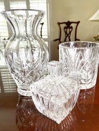 Waterford Crystal Lismore Vase, 5 Inch Tall Wine Coaster, And Crystal Trinket Box