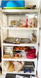 Garage Lot: Plastic Utility Shelves And Contents, Including New Coffee Maker Brewer, Storage Tub, Radio