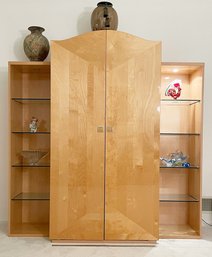 Stunning MidCentury Modern Lacquered Birch Entertainment Center, Wall Unit. 3 Sections, Lighted Towers