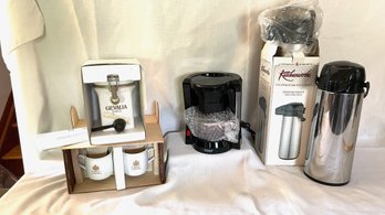 Coffee Lovers Lots: NEW Gevalia Drop 12 Cup Coffee Maker, Thermal Carafe, Ceramic Coffee Canister And Mugs