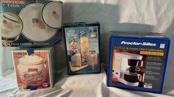 Vintage 1970s Kitchen Lot: Proctor Silex Coffee Maker, Cookie Jar, Canisters, American Flag Dish Set
