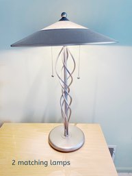 2 MidCentury Modern Metal Lamps, 28' High LED Bulbs, Metal And Glass Shades