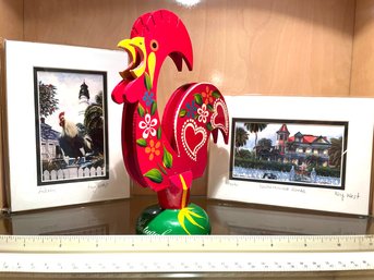 Lot Of Two Alberto DeAndria Prints Of Key West, 5 X 7, Wooden Rooster Napkin Holder From Portugal