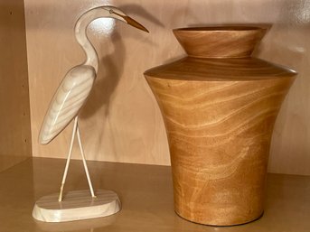 Two Wooden Items: Lg 13h Turned Wood Urn, Wooden Crane Or Stork By A.Nelson