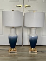2 30inch Tall Dip Dyed Ceramic Jar Table Lamps, White And Navy Base W Gold Base And Finial. White Drum Shade