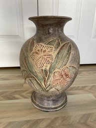 14 High Pottery Clay Vase Urn W Dimensional Floral Design