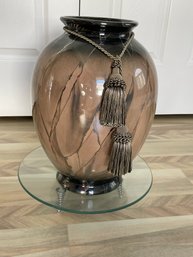 13.5 High Large Ceramic Vase Urn With High Gloss Finish In Browns And Silver, On Display Glass