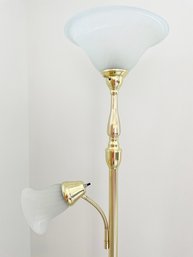 Modern 2 Light Brass Torchiere Floor Lamp (lacquered)  W Frosted Glass Shades, Three-way Bulb On Top