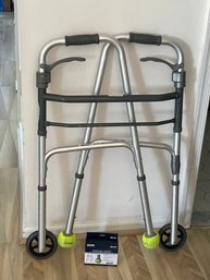 Folding Rolling Walker- Very Little Use. Adjustable Height With Extra Tennis Balls Durable Medical Equip