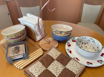 Lot Of Wood Kitchen Items And Tuscan Bowls, Coppertone Banana Hook Fabric Trivets Cherry Holiday Set