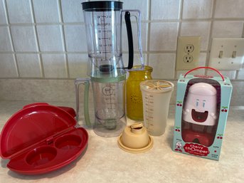 Kitchen Lot: (2) 4-Cup Precision Kitchen Batter Dispenser For Pancakes, Microwave Egg Cookers Cherry Pitter