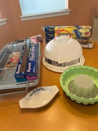 Kitchen Lot: Folding Chafing Dish Frame, Jello Mold, Cake Carrier, Tons Of Plastic Wrap, Baking Dish