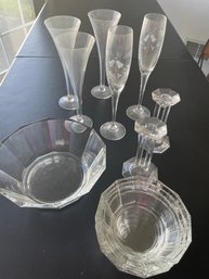 Lot Of Glass And Crystal Flutes, Pair Of 6 Lenox Ovation Crystal Candlesticks Glass Italian Salad Bowl Set