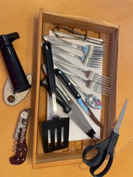 Lot Of Kitchen Silverware, Wine Openers, Spatula, And Scissor