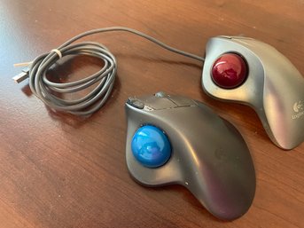 2 Logitech Tech Mouse, Track Balls, 1 Wireless, 1 USB Corded