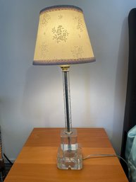 Modern Vintage Clear Lucite Boudoir Nightstand Lamp, 21 High, Floral Damask Shade