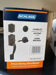 Schlage Camelot, Aged Bronze Exterior Front Entry Locking Handleset, NEW In Box