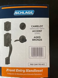 Schlage Camelot, Aged Bronze Exterior Front Entry Locking Handleset, NEW In Box