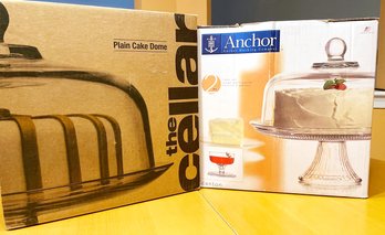 (2) 2-pc Glass Cake Servers/Punch Trifle Bowls: NEW The Cellar, Anchor Hocking Two Piece Set For 9' Cake