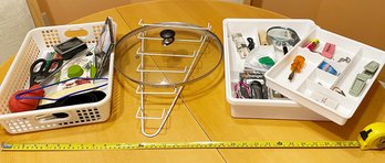 Kitchen Junk Drawer Lot: 3 Drawer Dividers, Pot Lid Organizer & Glass Lid, Hygrometer, Magnifyer Shears Baster