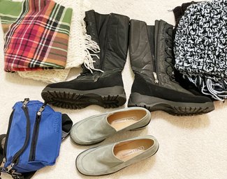 Like New Ladies Sz 7 Totes Snow Boots, Sz 7 Enzo Angiolini Suede Green Stacked Heel Shoes, Scarves, Fanny Pad