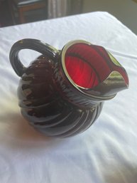 Anchor Hocking Ruby Red Swirl Ball Pitcher, Windsor By Ruby Glasses