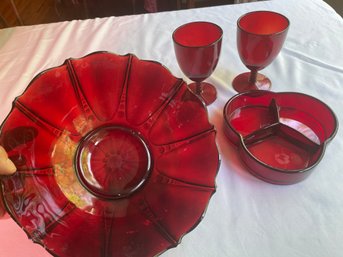 Bowl, Wine Goblets And Sectioned Candy Dish