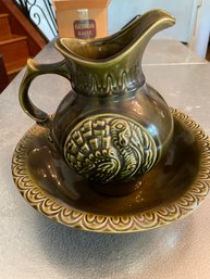 Vintage 1968 McCoy Green Turkey Pitcher And Bowl Ceramic