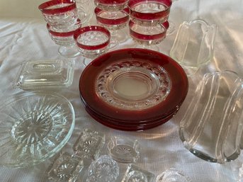 Cranberry Glass, Vintage Crystal Dishes And Footed Candy Dish