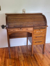 Mini Roll Top Desk OAK In Need Of A Little TLC, 36x22x40 Tall Vintage Pencil Sharpener Includ