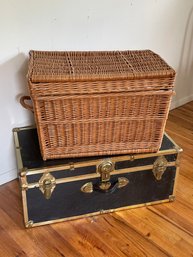 2 Trunks: 30 X 15 X 12 Locking Steamer Trunk Foot Locker,  24 X 15 1/2 X 16 Wicker Trunk Hamper W Handles