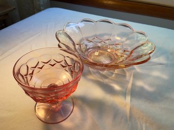 Vintage Pink Glass Serving Dish And Dip Bowl